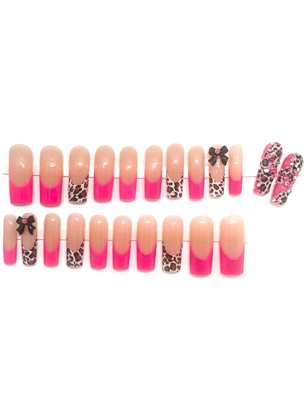 Handmade Custom Press on Nails Gel Long Square Hot Pink & Leopard French Nails